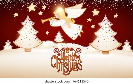 Merry Christmas Cute Background with Angel Playing the Trumpet, Christmas Candy Lettering, Glazed Fir Tree ,Snow and Lights. Vector illustration