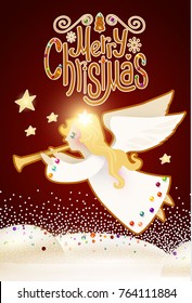 Merry Christmas Cute Background with Angel Playing the Trumpet, Christmas Candy Lettering, Snow and Lights. Vector illustration