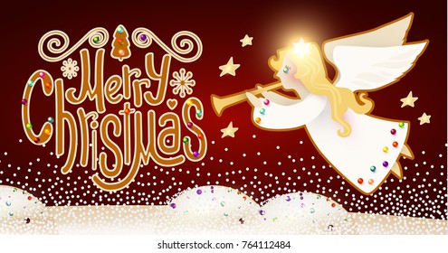 Merry Christmas Cute Background with Angel Playing the Trumpet, Christmas Candy Lettering, Snow and Lights. Vector illustration