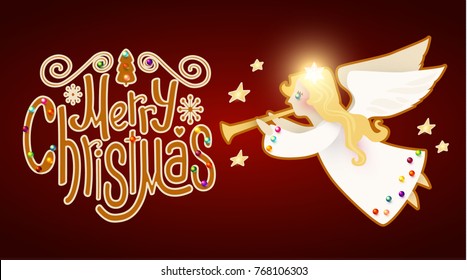 Merry Christmas Cute Background with Angel Playing the Trumpet, Christmas Candy Lettering, Snow and Lights. Vector illustration
