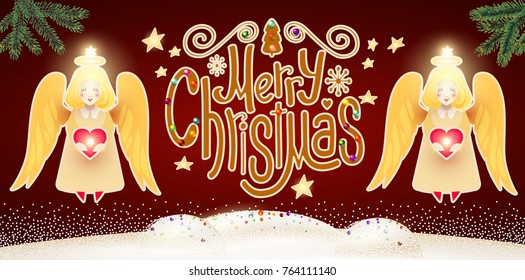 Merry Christmas Cute Background with Christmas Candy Lettering, Angel with Heart, Light Garlands, Fir Tree Branches, Caramel Snow and Lights. Vector illustration