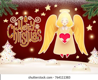 Merry Christmas Cute Background with Christmas Candy Lettering, Angel with Heart, Light Garlands, Fir Tree Branches, Caramel Snow and Lights. Vector illustration