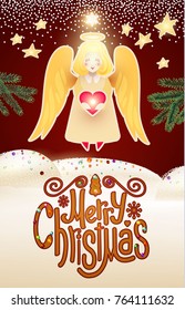 Merry Christmas Cute Background with Christmas Candy Lettering, Angel with Heart, Light Garlands, Fir Tree Branches, Caramel Snow and Lights. Vector illustration