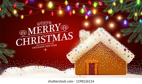 Merry Christmas Cute Background with Gingerbread House, Fir Tree Branches, Caramel Snow and Lights.Vector illustration