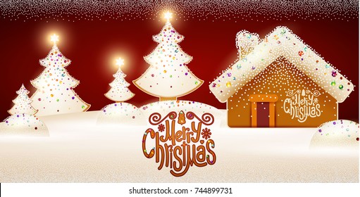 Merry Christmas Cute Background with Gingerbread House, Christmas Candy Lettering, Biscuit Pines, Caramel Snow and Lights. Vector illustration