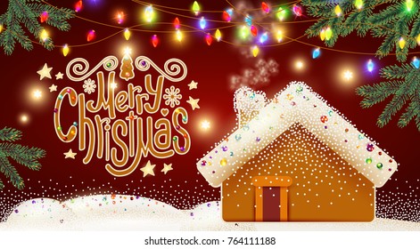 Merry Christmas Cute Background with Gingerbread House, Christmas Candy Lettering, Fir Tree Branches, Biscuit Pines, Caramel Snow and Lights. Vector illustration