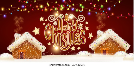 Merry Christmas Cute Background with Gingerbread House, Christmas Candy Lettering, Biscuit Pines, Caramel Snow and Lights. Vector illustration