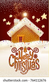 Merry Christmas Cute Background with Gingerbread House, Christmas Candy Lettering, Biscuit Pines, Caramel Snow and Lights. Vector illustration