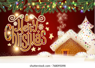 Merry Christmas Cute Background with Gingerbread House, Christmas Candy Lettering, Fir Tree Branches, Biscuit Pines, Caramel Snow and Lights. Vector illustration