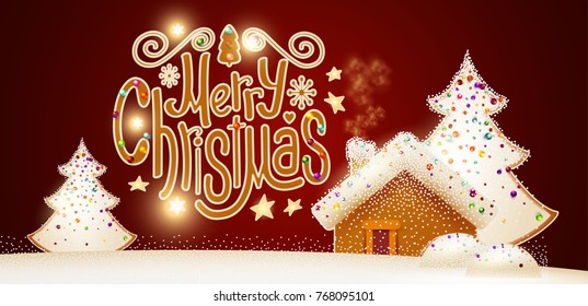 Merry Christmas Cute Background with Gingerbread House, Christmas Candy Lettering, Fir Tree Branches, Biscuit Pines, Caramel Snow and Lights. Vector illustration