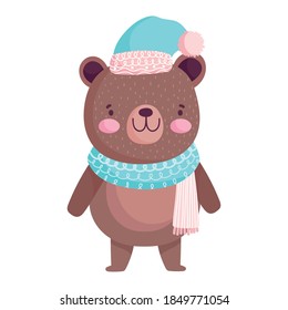 merry christmas, cute bear with hat and scarf animal cartoon vector illustration
