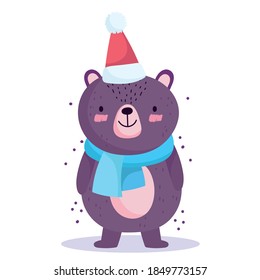 merry christmas, cute bear with santa hat and scarf cartoon vector illustration