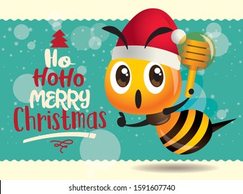 Merry Christmas. Cute bee holding honey dipper with big turquoise signboard. Merry Christmas lettering greeting card  - Vector