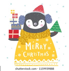 merry christmas, cute card for congratulations happy new year, vector flat stylized illustration of penguin Santa character in hat with scarf, Christmas tree and gifts under the snow