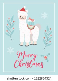 Merry christmas cute card with llama alpaca in santa hat. Winter holidays new year template for your design. Vector illustration
