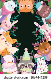 merry christmas, cute cartoon animals and holly berry black background vector illustration