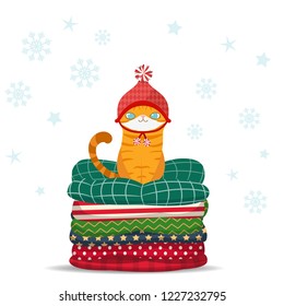 Merry Christmas, Cute cartoon cat sitting on pile of pillow, Vector illustration.