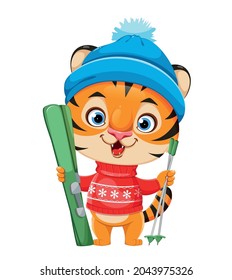 Merry Christmas. Cute cartoon character tiger in warm hat standing with skis
