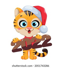 Merry Christmas. Cute cartoon character tiger in Santa hat holding 2022 sign