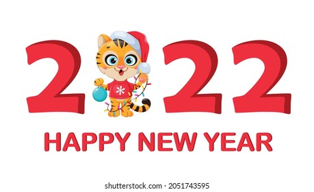 Merry Christmas. Cute cartoon character tiger in Santa hat standing in big 2022 number