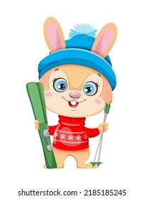 Merry Christmas. Cute cartoon character rabbit holding skis. Merry Christmas and Happy New year.