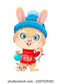 Merry Christmas. Cute cartoon character rabbit holding decorations. Merry Christmas and Happy New year.