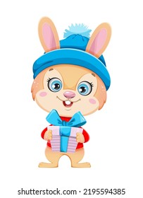 Merry Christmas. Cute cartoon character rabbit holding present. Merry Christmas and Happy New year.