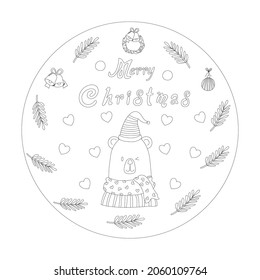 Merry Christmas with cute cartoon characters in circles with black lines. Can be applied to various tasks such as coloring books, art for kids, cards, stickers, t-shirts, backgrounds, logos and more 