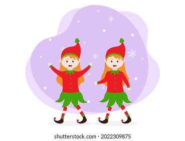Merry Christmas Cute Cartoon Dwarf little fantasy, Santa Claus And Elves Characters. Tree or Gifts As An Additional Background Vector Illustration