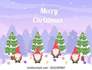Merry Christmas Cute Cartoon Dwarf little fantasy, Santa Claus And Elves Characters. Tree or Gifts As An Additional Background Vector Illustration