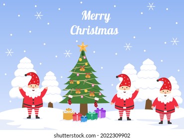 Merry Christmas Cute Cartoon Dwarf little fantasy, Santa Claus And Elves Characters. Tree or Gifts As An Additional Background Vector Illustration