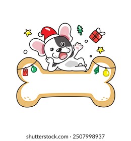 Merry christmas cute cartoon french bulldog with big bone sign for design.