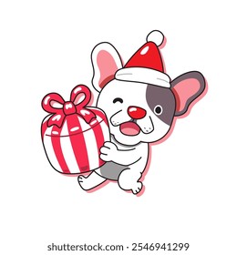 Feliz Natal bonito desenho animado francês buldogue com caixa de presente para design.