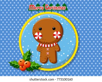 Merry Christmas cute cartoon Gingerbread man cookies on a colorful background. Happy New Year and decoration element. vector illustration.