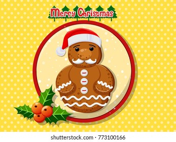 Merry Christmas cute cartoon Gingerbread man cookies on a colorful background. Happy New Year and decoration element. vector illustration.