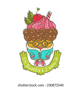 Merry Christmas cute cartoon hand drawn Cupcake character