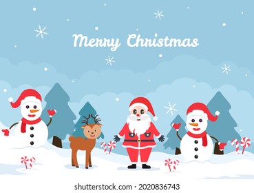 Merry Christmas, Cute Cartoon Santa Claus Background vector illustration and Friends With Snow Man, Some Gifts. For Landing Page In Flat Style Design
