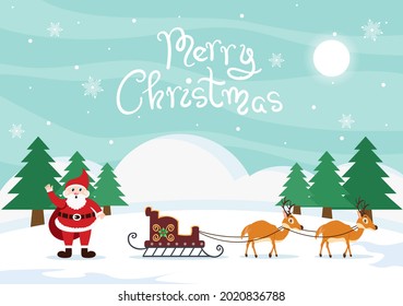 Merry Christmas, Cute Cartoon Santa Claus Background vector illustration and Friends With Snow Man, Some Gifts. For Landing Page In Flat Style Design
