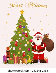 Merry Christmas With Cute cartoon Santa Claus Red Hat, Christmas Bag, Gift Boxs, Nutcracker, Candy Cane, Xmas tree. Festive Greeting Card. Vector Illustration