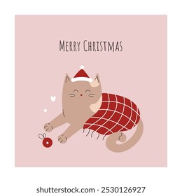 Merry Christmas. Cute cat with a blanket in a Santa hat with a Christmas tree toy. Greeting card, minimalist postcard. Winter mood. Hand drawn vector illustration.