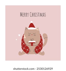 Merry Christmas. Cute cat with a blanket in a Santa hat with a gift box. Greeting card, minimalist postcard. Winter mood. Hand drawn vector illustration.