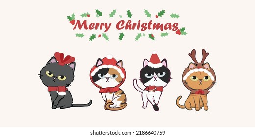 Merry Christmas with cute cat dress up collection. Cute cat character for christmas and new year. Graphic resource for graphic, content , banner, sticker label and greeting card.