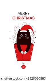 Merry Christmas. Cute cat in a gift box with a New Year's toy. Vector illustration