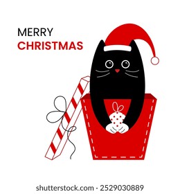 Merry Christmas. Cute cat in a gift box with a New Year's toy. Vector illustration