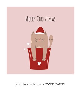 Merry Christmas. Cute cat in a gift box in a Santa hat. Greeting card, minimalist postcard. Winter mood. Hand drawn vector illustration.