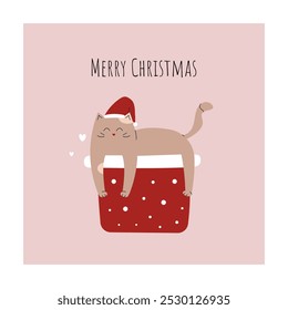 Merry Christmas. Cute cat in a gift box in a Santa hat. Greeting card, minimalist postcard. Winter mood. Hand drawn vector illustration.