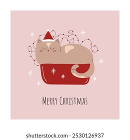 Merry Christmas. Cute cat in a gift box in a Santa hat with a garland. Greeting card, minimalist postcard. Winter mood. Hand drawn vector illustration.