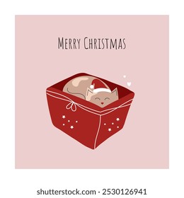 Merry Christmas. Cute cat in a gift box in a Santa hat. Greeting card, minimalist postcard. Winter mood. Hand drawn vector illustration.