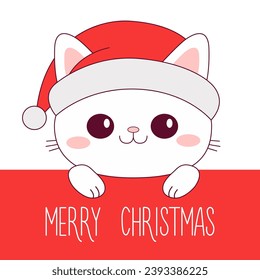 Merry Christmas. Cute cat. Red Santa Claus hat. White kitten. Contour line doodle pet. Smiling face, paws. Kawaii baby animal. Cartoon funny character. Funny kitty. Flat design White background Vector