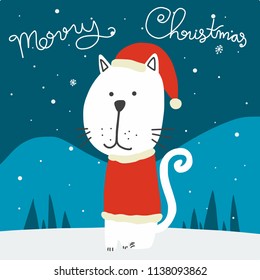 Merry Christmas cute cat Santa Claus cartoon doodle vector illustration